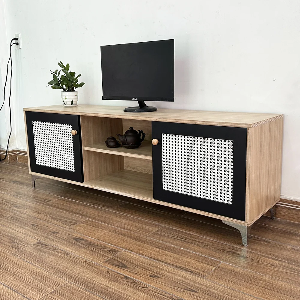 Tekkashop Kệ Tivi Cửa Lưới Mây Kệ Mở Giữa Chân Kim Loại Gỗ Plywood