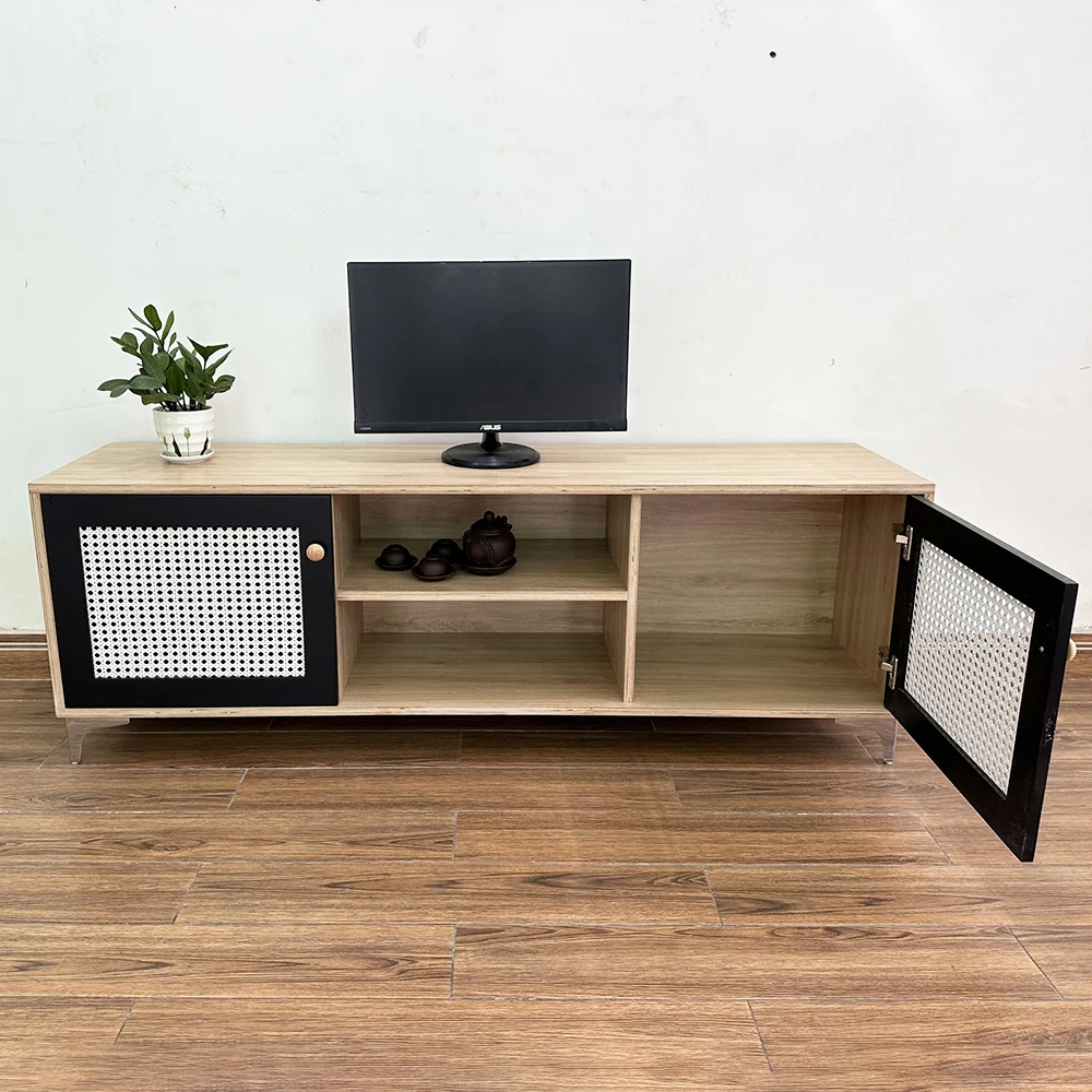 Tekkashop Kệ Tivi Cửa Lưới Mây Kệ Mở Giữa Chân Kim Loại Gỗ Plywood