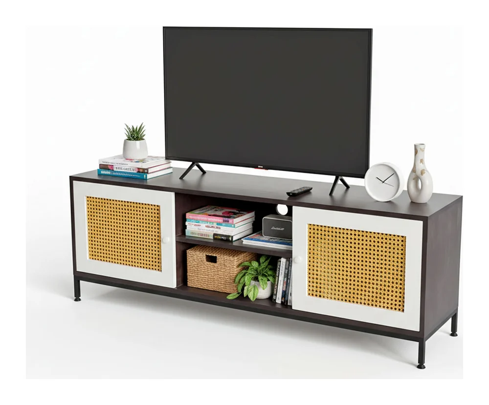 Tekkashop Kệ Tivi Cửa Lưới Mây Kệ Mở Giữa Chân Sắt Gỗ Cao Su