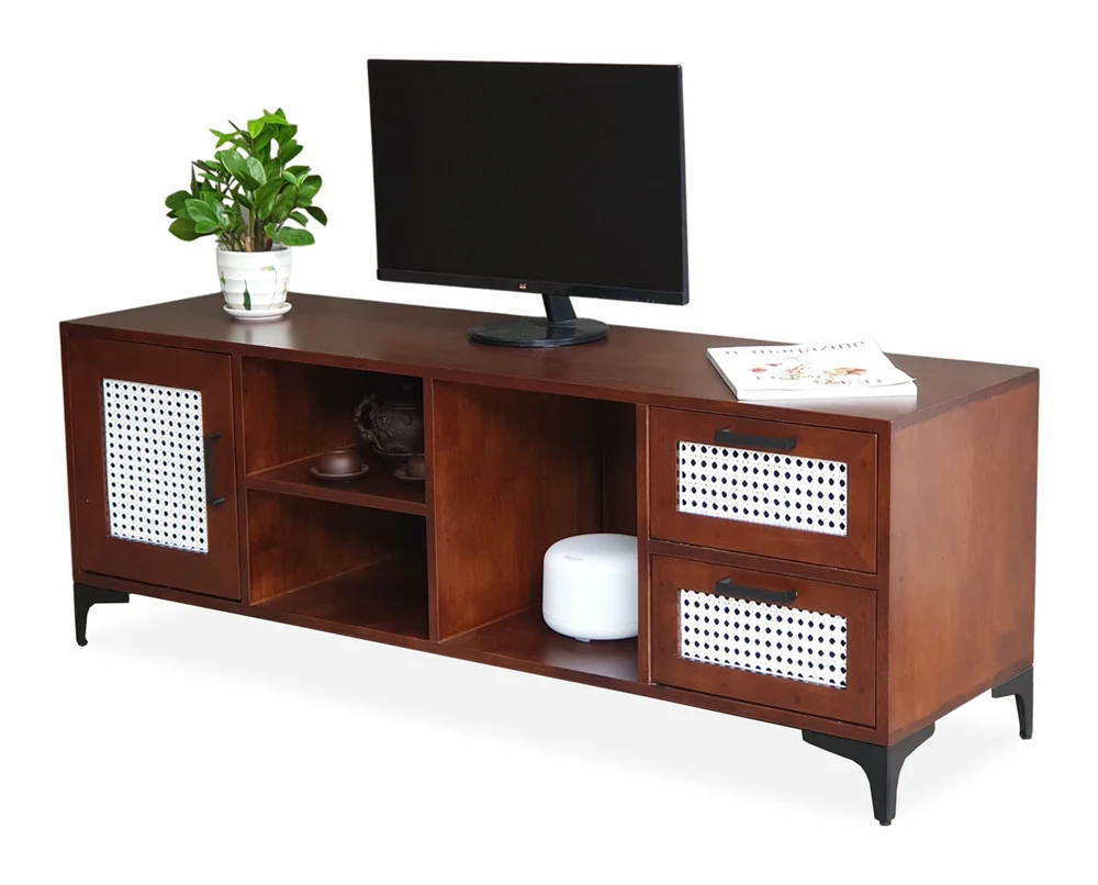 Tekkashop Kệ Tivi Cửa Lưới Mây Trắng 2 Ngăn Kéo Chân Sắt Gỗ Cao Su