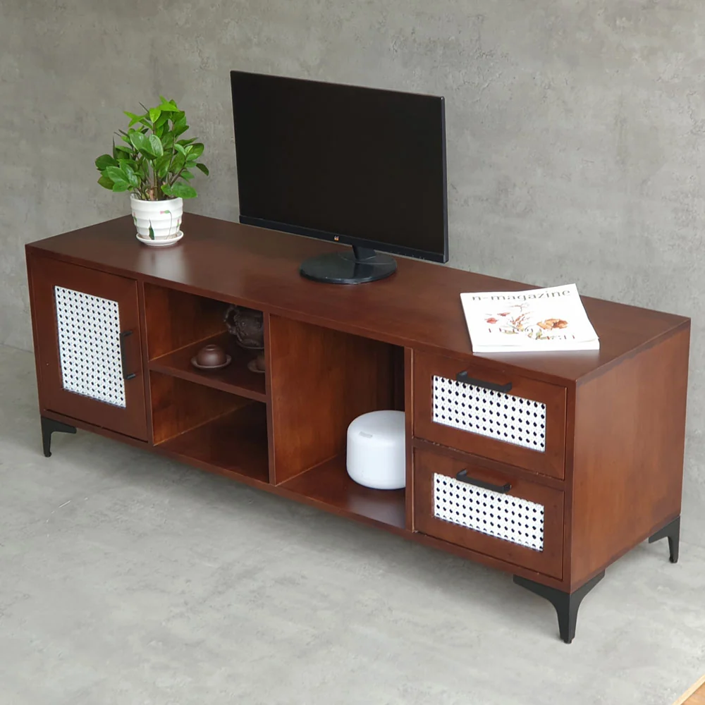 Tekkashop Kệ Tivi Cửa Lưới Mây Trắng 2 Ngăn Kéo Chân Sắt Gỗ Cao Su