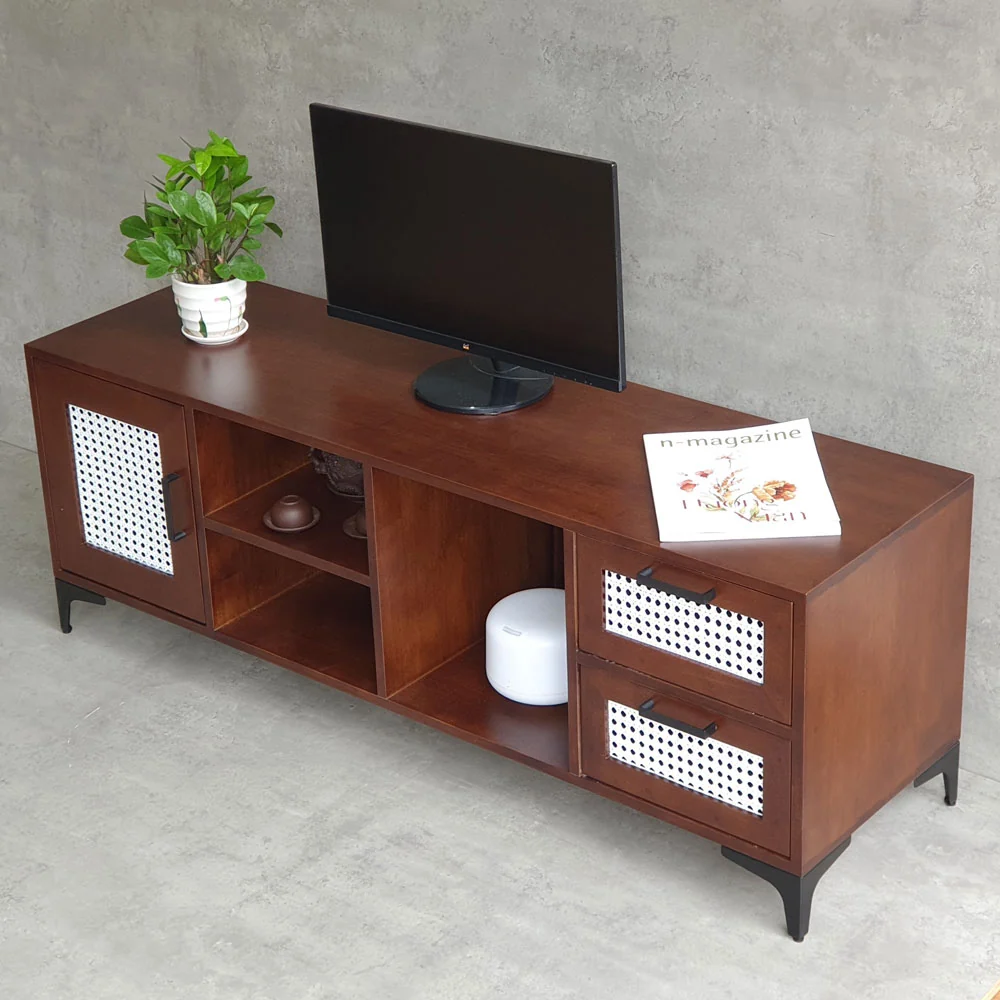 Tekkashop Kệ Tivi Cửa Lưới Mây Trắng 2 Ngăn Kéo Chân Sắt Gỗ Cao Su