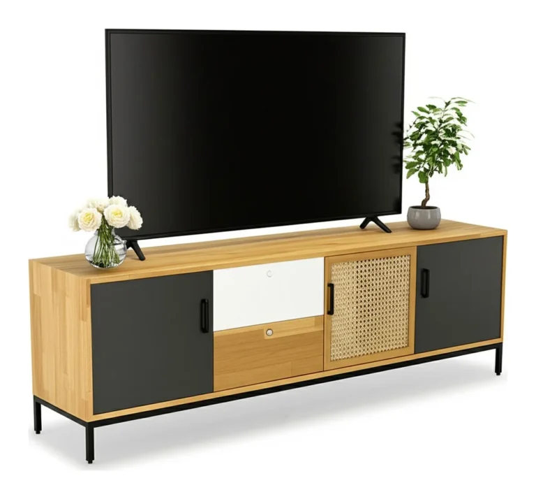 Tekkashop Kệ Tivi Dài Cửa Lưới Mây Có Hộc Kéo Chân Sắt Gỗ Cao Su