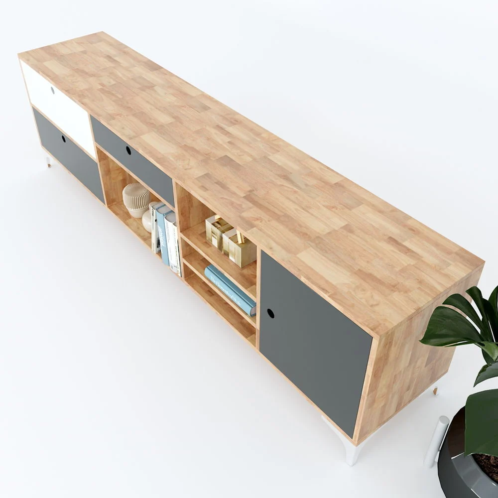 Tekkashop Kệ Tivi Dài Ngăn Kéo Cửa Màu Kệ Mở Chân Kim Loại Gỗ Cao Su