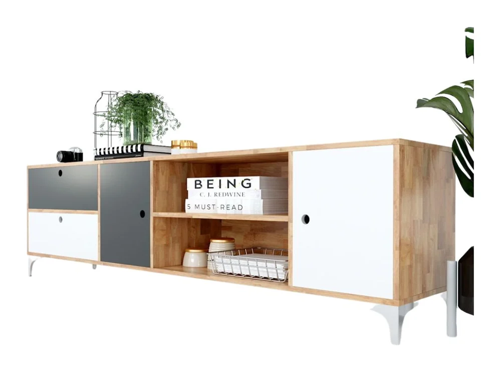 Tekkashop Kệ Tivi Dài Nhiều Ngăn Cửa Màu Chân Kim Loại Gỗ Cao Su