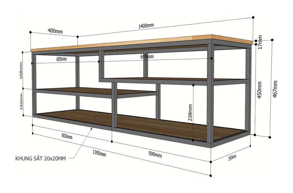 Tekkashop Kệ Tivi Đơn Giản 3 Tầng Lệch Khung Sắt Gỗ Cao Su