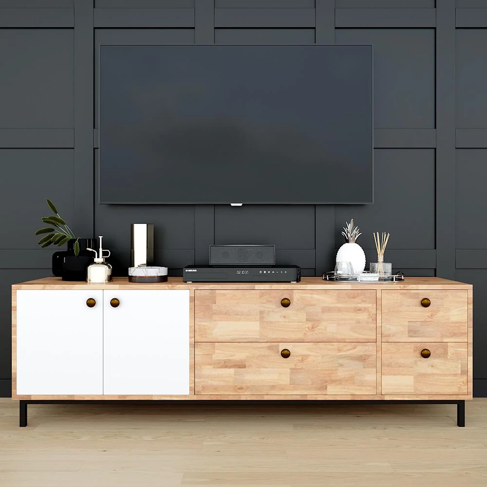 Tekkashop Kệ Tivi Hiện Đại Nhiều Ngăn Kéo Có Cửa Mở Gỗ Cao Su