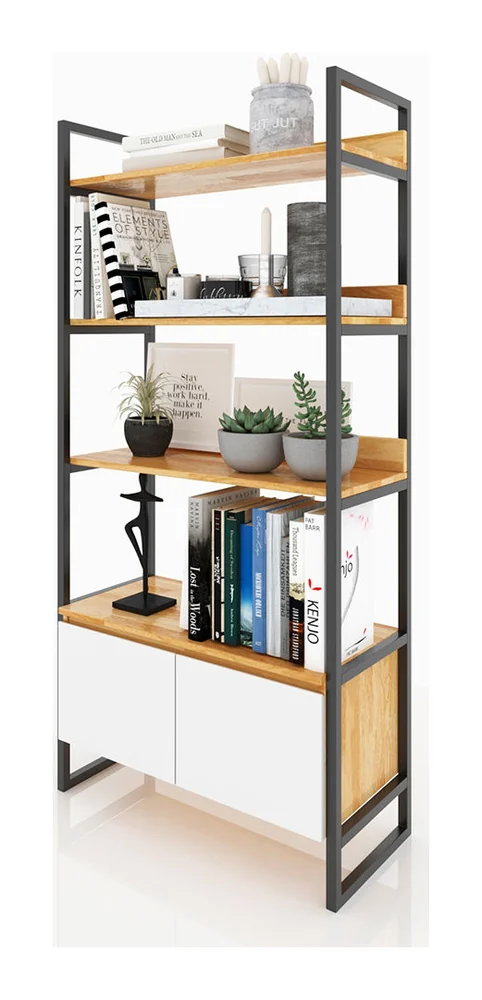 Tekkashop Kệ Trang Trí 4 Tầng Tối Giản Có Tủ Khung Sắt Gỗ Cao Su