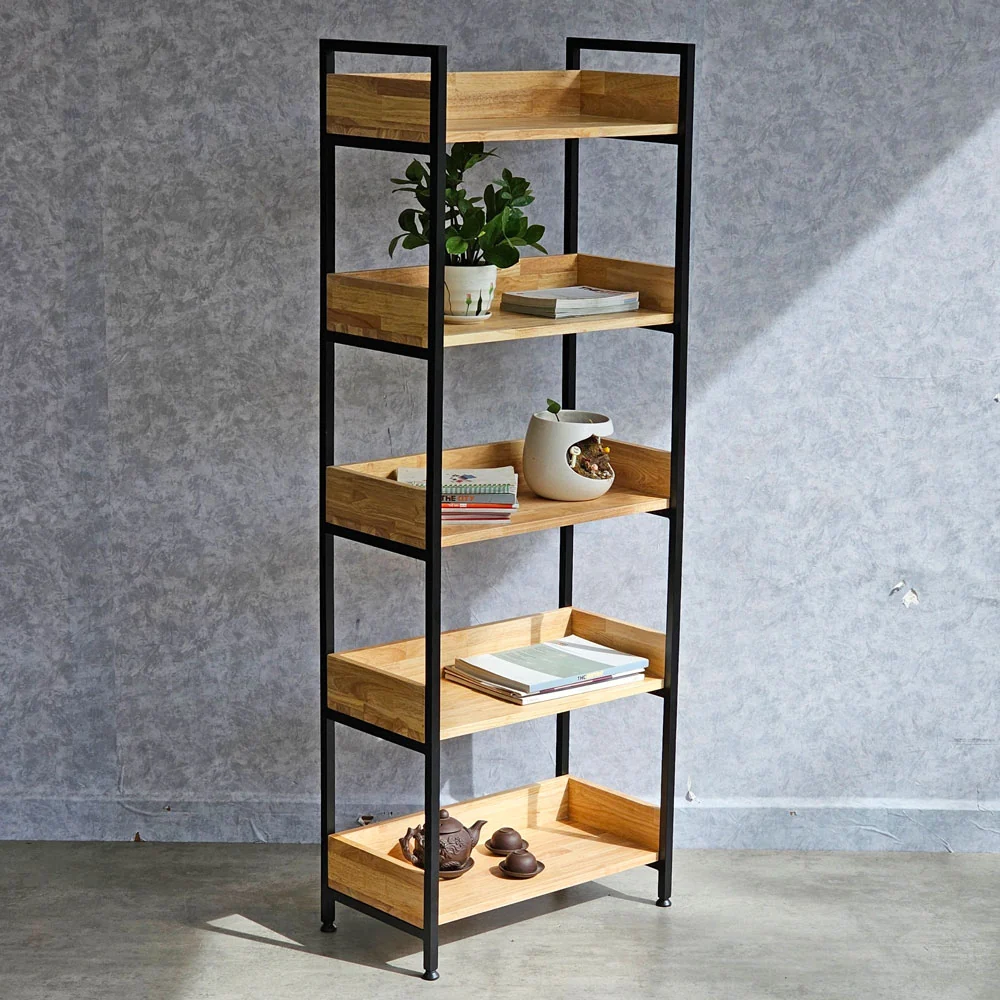 Tekkashop Kệ Trang Trí 5 Tầng Có Gờ Khung Sắt Gỗ Cao Su