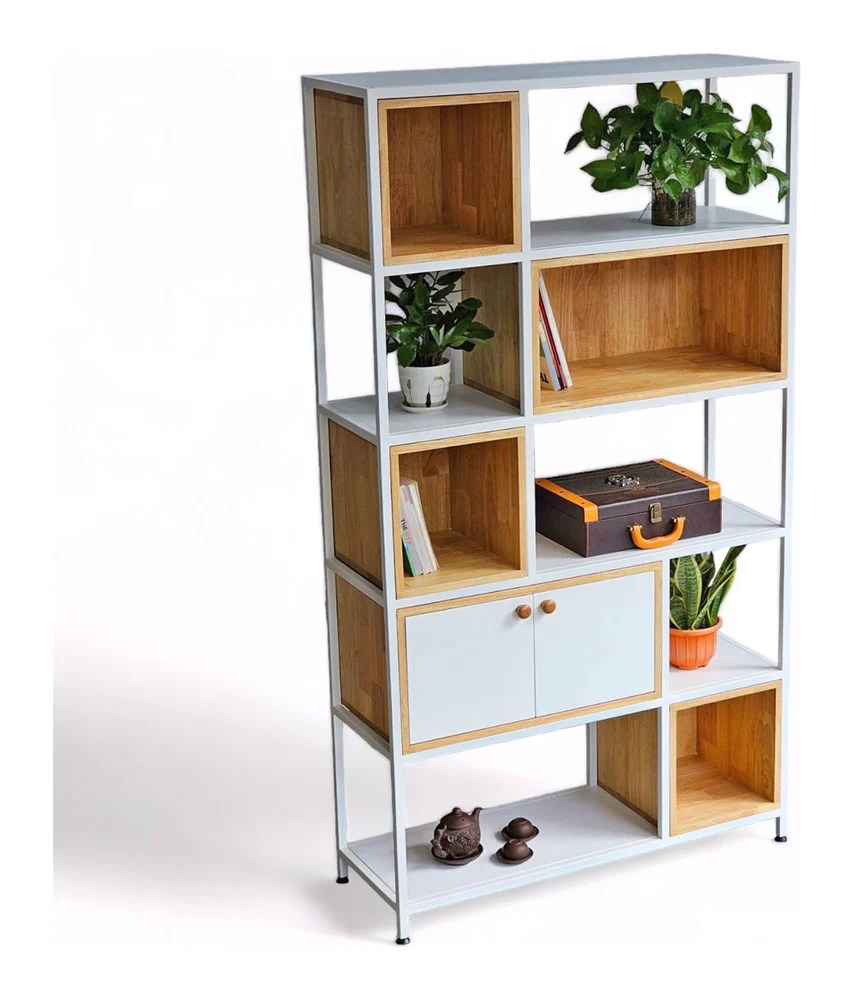 Tekkashop Kệ Trang Trí 5 Tầng Hộc Ô So Le Có Tủ Khung Sắt Gỗ Cao Su