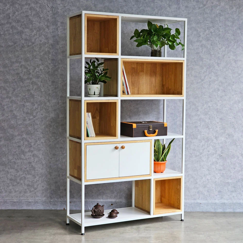 Tekkashop Kệ Trang Trí 5 Tầng Hộc Ô So Le Có Tủ Khung Sắt Gỗ Cao Su
