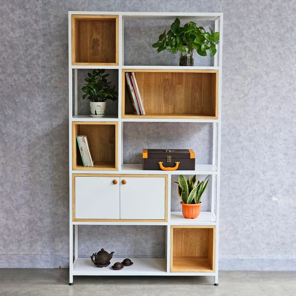 Tekkashop Kệ Trang Trí 5 Tầng Hộc Ô So Le Có Tủ Khung Sắt Gỗ Cao Su
