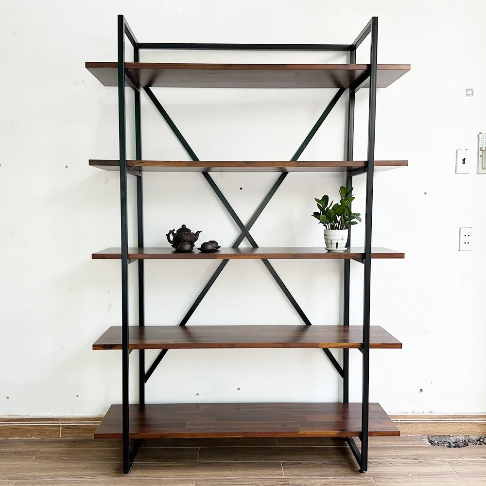 Tekkashop Kệ Trang Trí 5 Tầng Khung Sắt Chữ X Gỗ Tràm