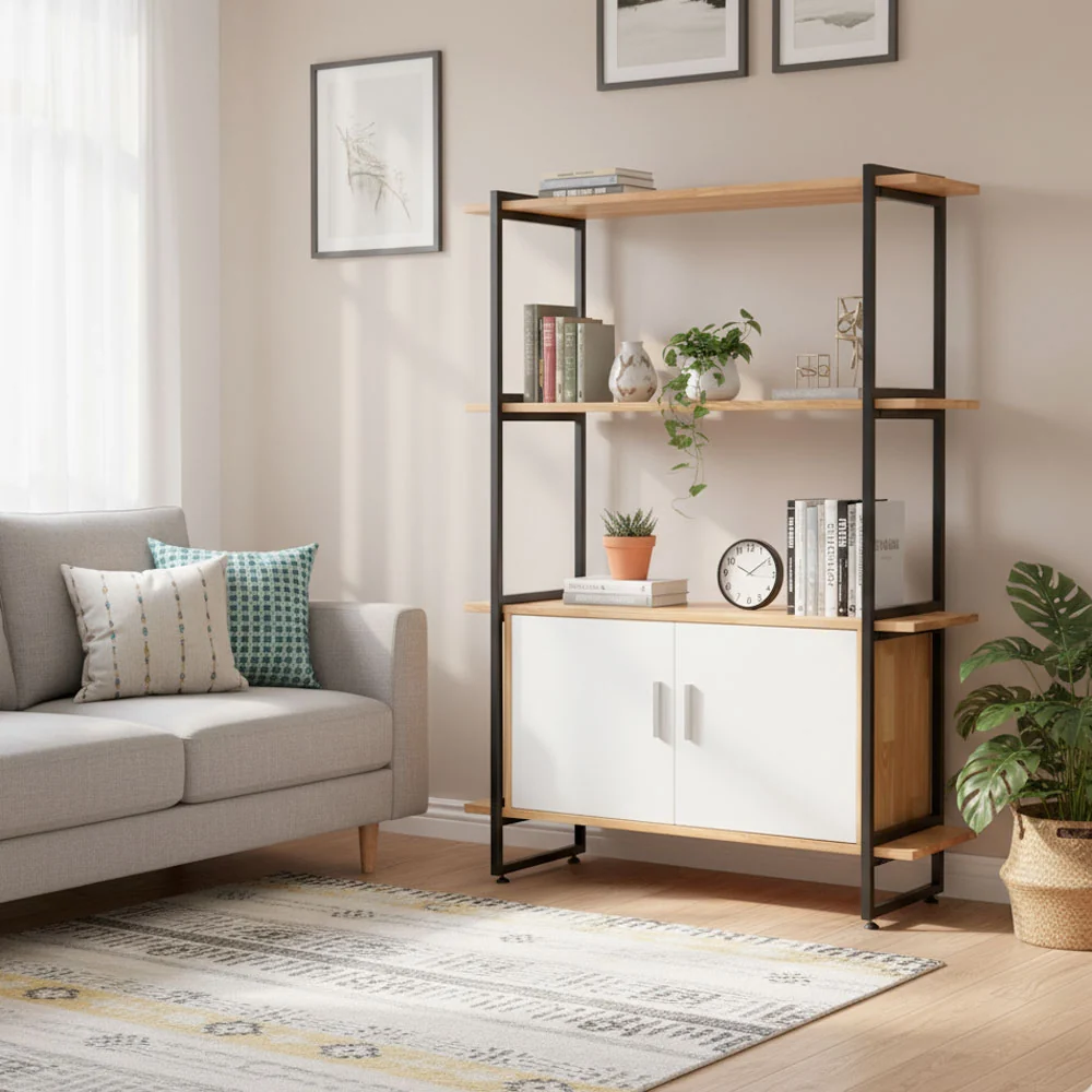 Tekkashop Kệ Trang Trí Có Tủ 2 Cửa Khung Sắt Gỗ Cao Su
