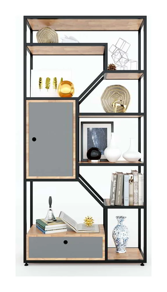 Tekkashop Kệ Trang Trí Có Tủ Và Ngăn Kéo Thanh Chéo Khung Sắt Gỗ Cao Su