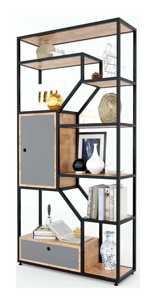 Tekkashop Kệ Trang Trí Có Tủ Và Ngăn Kéo Thanh Chéo Khung Sắt Gỗ Cao Su