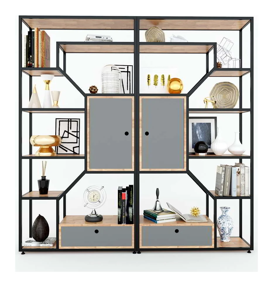 Tekkashop Kệ Trang Trí Có Tủ Và Ngăn Kéo Thanh Chéo Khung Sắt Gỗ Cao Su
