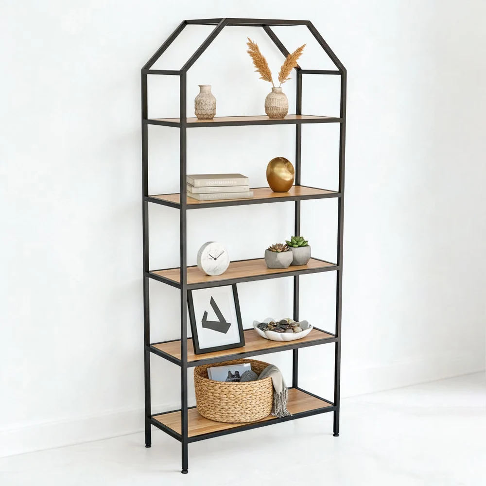 Tekkashop Kệ Trang Trí Dáng Ngôi Nhà 5 Tầng Khung Sắt Gỗ Cao Su