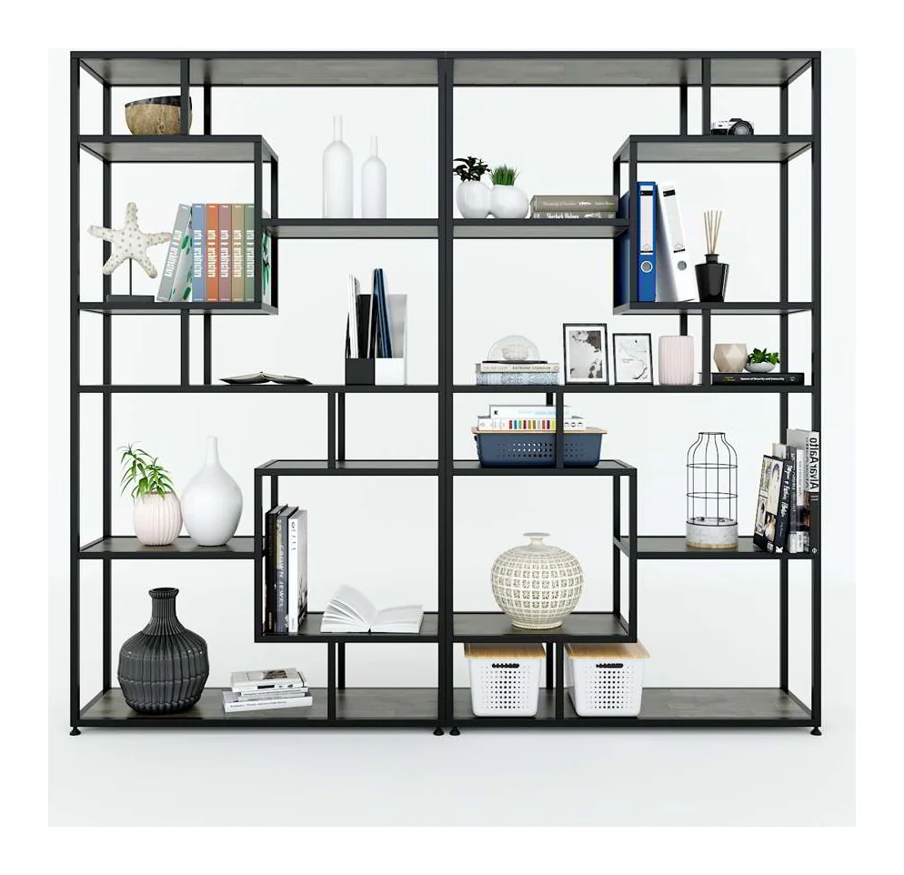 Tekkashop Kệ Trang Trí Ô Bậc Thang Lệch Khung Sắt Gỗ Cao Su