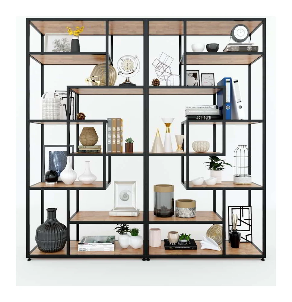 Tekkashop Kệ Trang Trí Ô Đối Xứng Khung Sắt Gỗ Cao Su
