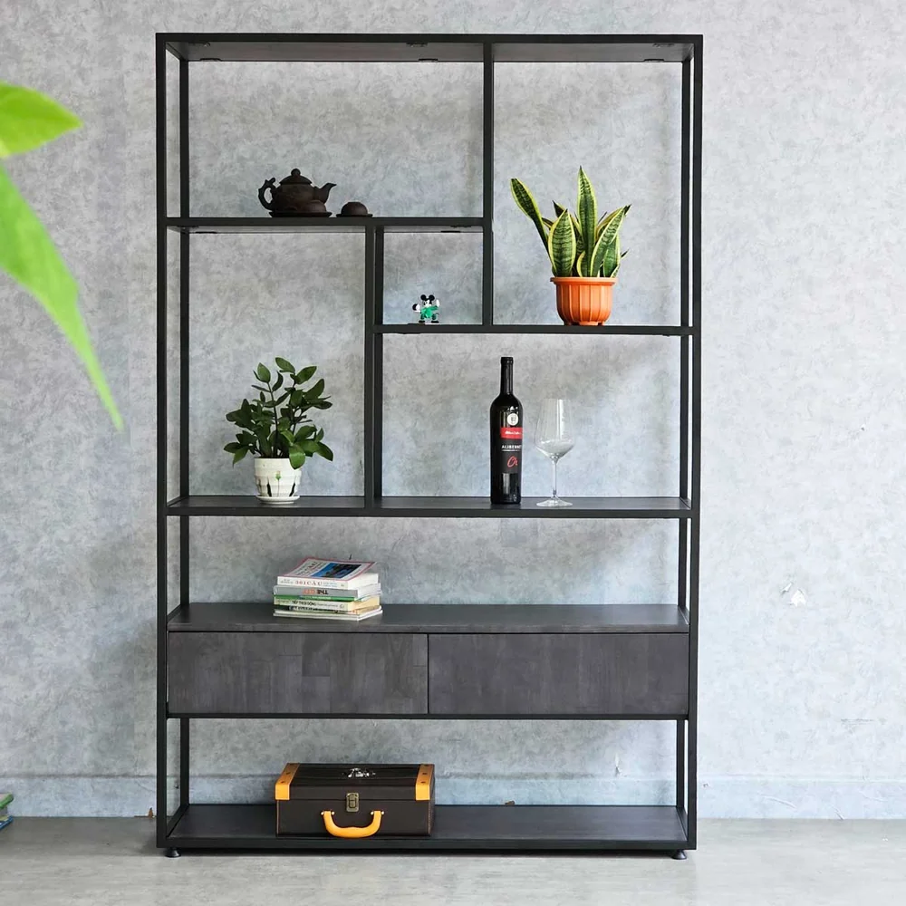 Tekkashop Kệ Trang Trí Ô Lệch Có 2 Ngăn Kéo Khung Sắt Gỗ Cao Su