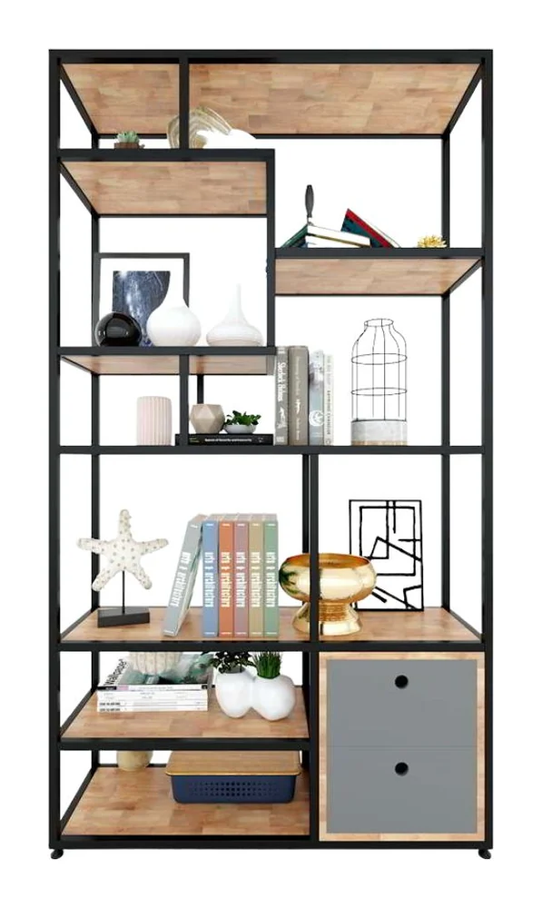 Tekkashop Kệ Trang Trí Ô Lệch Có Tủ Dưới Khung Sắt Gỗ Cao Su