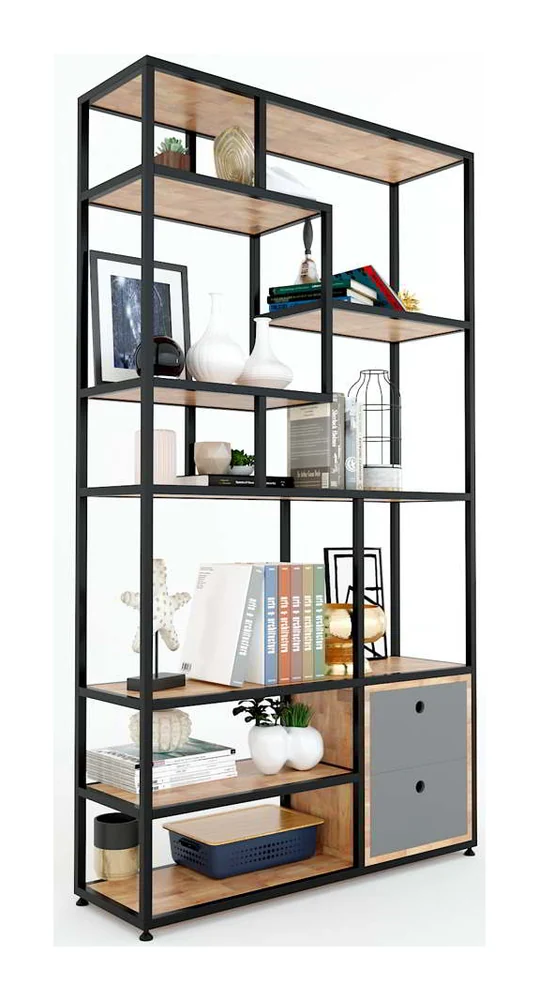 Tekkashop Kệ Trang Trí Ô Lệch Có Tủ Dưới Khung Sắt Gỗ Cao Su