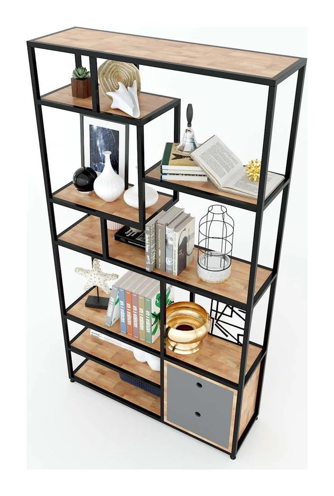 Tekkashop Kệ Trang Trí Ô Lệch Có Tủ Dưới Khung Sắt Gỗ Cao Su