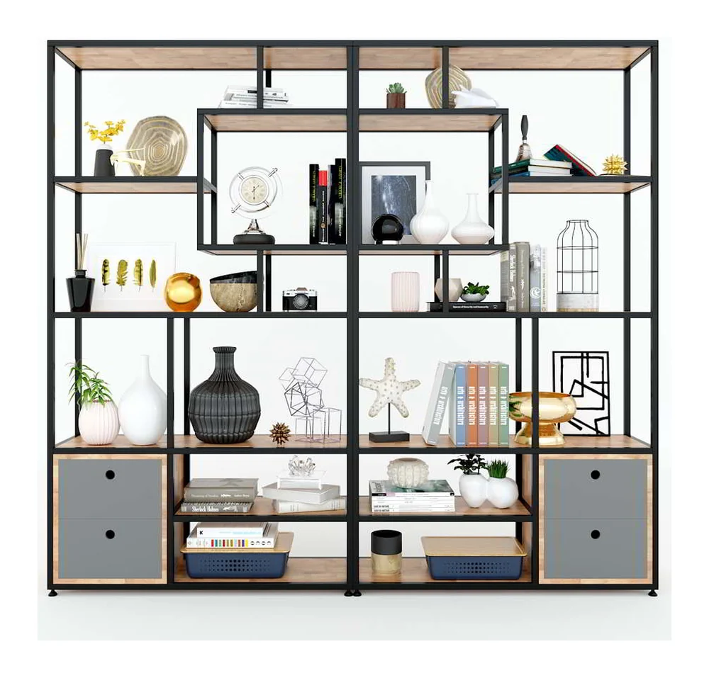 Tekkashop Kệ Trang Trí Ô Lệch Có Tủ Dưới Khung Sắt Gỗ Cao Su