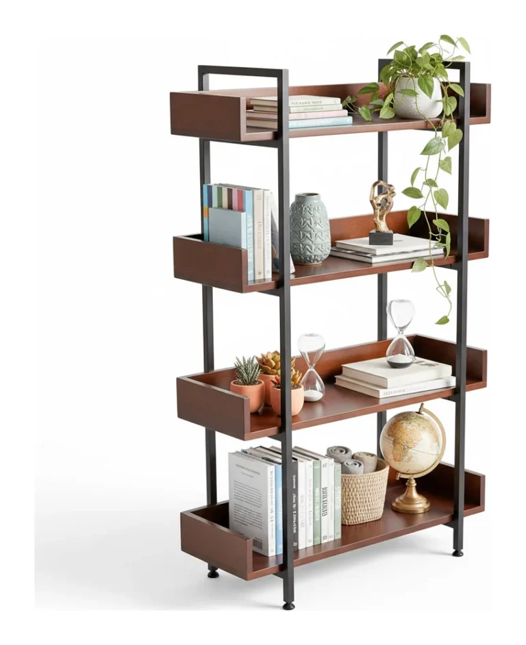 Tekkashop Kệ Trang Trí Tầng Có Gờ 4 Tầng Dáng Thấp Khung Sắt Gỗ Cao Su