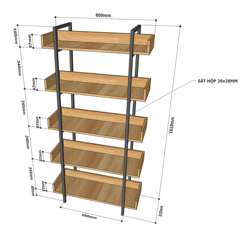 Tekkashop Kệ Trang Trí Tầng Có Gờ 5 Tầng Khung Sắt Gỗ Cao Su