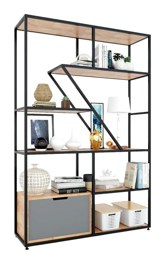 Tekkashop Kệ Trang Trí Thanh Chéo Có Tủ Dưới Khung Sắt Gỗ Cao Su