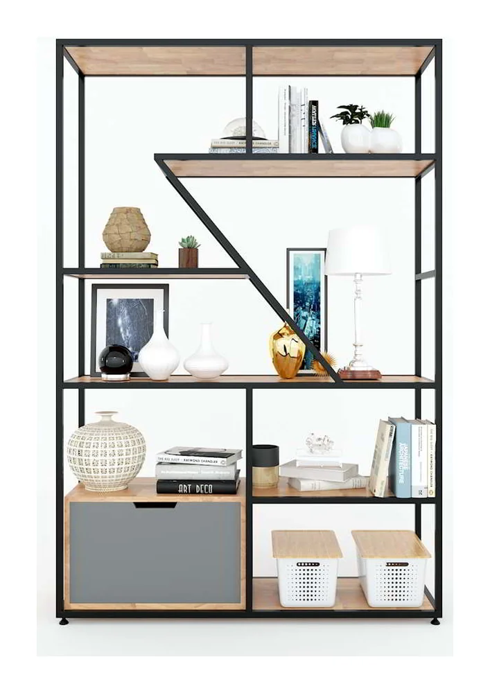 Tekkashop Kệ Trang Trí Thanh Chéo Có Tủ Dưới Khung Sắt Gỗ Cao Su