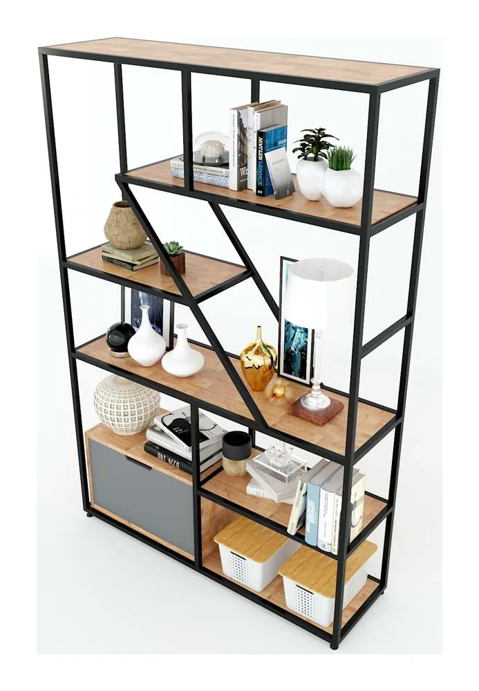 Tekkashop Kệ Trang Trí Thanh Chéo Có Tủ Dưới Khung Sắt Gỗ Cao Su