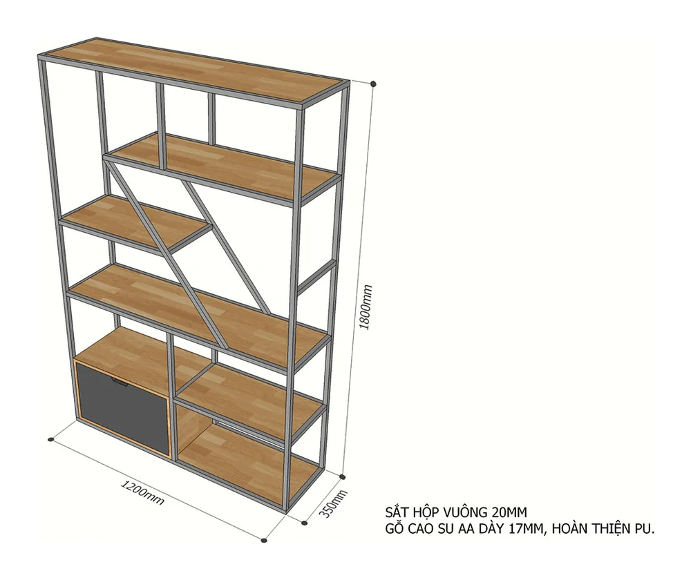 Tekkashop Kệ Trang Trí Thanh Chéo Có Tủ Dưới Khung Sắt Gỗ Cao Su