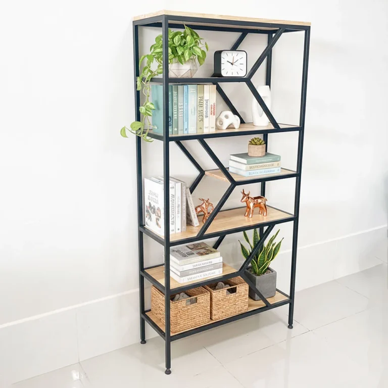 Tekkashop Kệ Trang Trí Thanh Chéo Xương Cá Khung Sắt Gỗ Cao Su