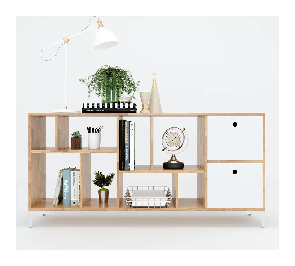 Tekkashop Kệ Trang Trí Thấp Nhiều Ô Có 2 Cửa Gỗ Cao Su
