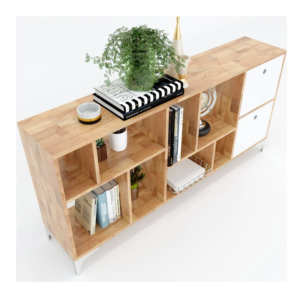 Tekkashop Kệ Trang Trí Thấp Nhiều Ô Có 2 Cửa Gỗ Cao Su