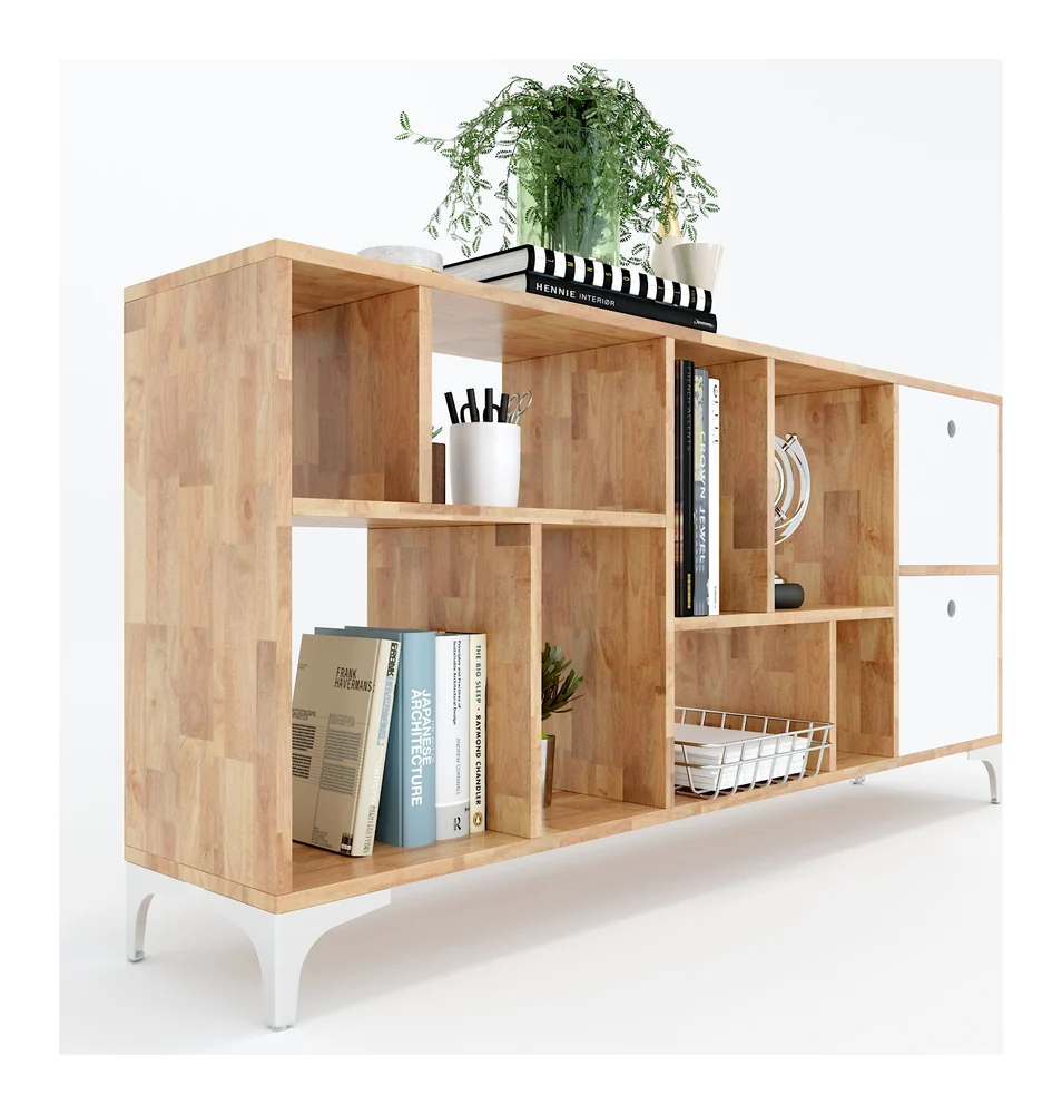 Tekkashop Kệ Trang Trí Thấp Nhiều Ô Có 2 Cửa Gỗ Cao Su