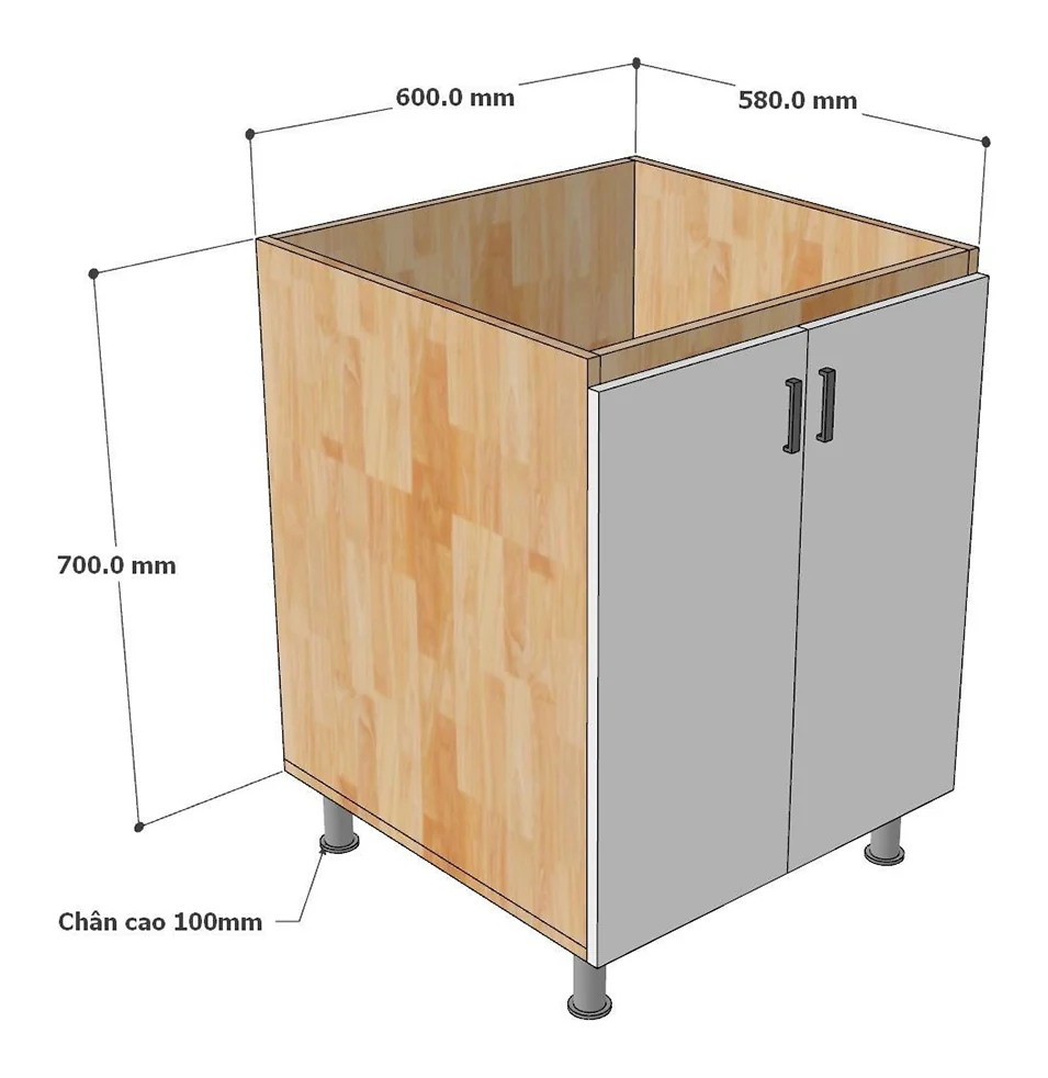Tekkashop Module Tủ Bếp Dưới 2 Cửa Mở 600mm Gỗ Cao Su Cửa MDF