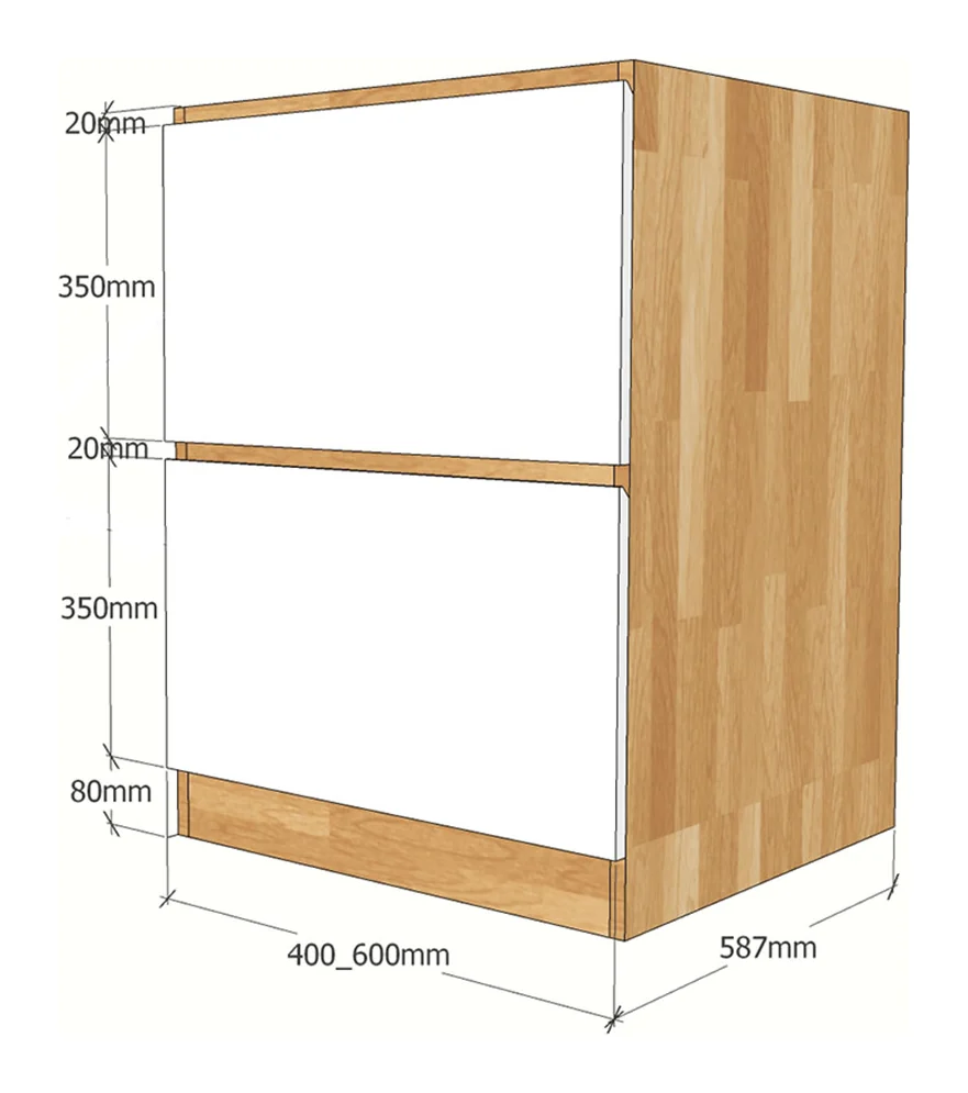 Tekkashop Module Tủ Bếp Dưới 2 Ngăn Kéo 400mm Gỗ Cao Su Cửa MDF