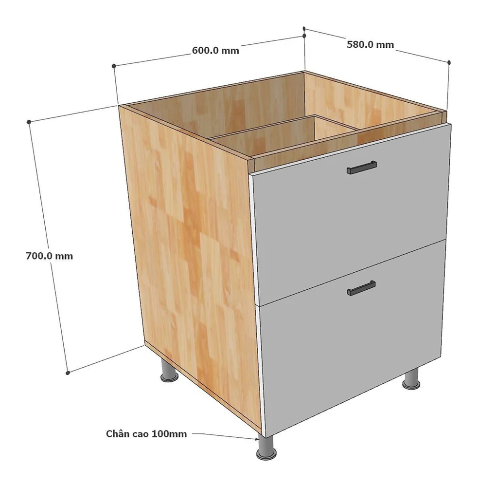 Tekkashop Module Tủ Bếp Dưới 2 Ngăn Kéo 600mm Có Chân Gỗ Cao Su Cửa MDF