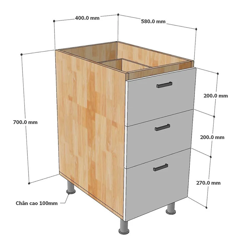 Tekkashop Module Tủ Bếp Dưới Nhỏ Gọn 3 Ngăn Kéo Có Chân Gỗ Cao Su Cửa MDF