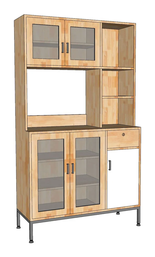 Tekkashop Tủ Bếp Đa Năng Cửa Kính Có Kệ Mở Chân Sắt Gỗ Cao Su