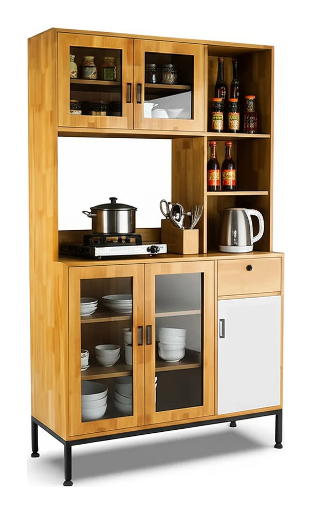 Tekkashop Tủ Bếp Đa Năng Cửa Kính Có Kệ Mở Chân Sắt Gỗ Cao Su