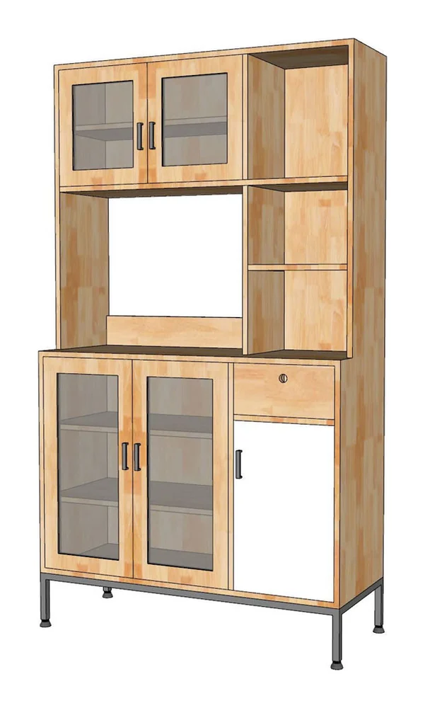 Tekkashop Tủ Bếp Đa Năng Cửa Kính Có Kệ Mở Chân Sắt Gỗ Cao Su