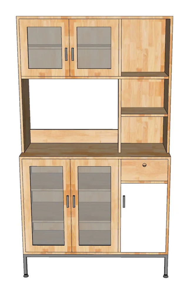 Tekkashop Tủ Bếp Đa Năng Cửa Kính Có Kệ Mở Chân Sắt Gỗ Cao Su