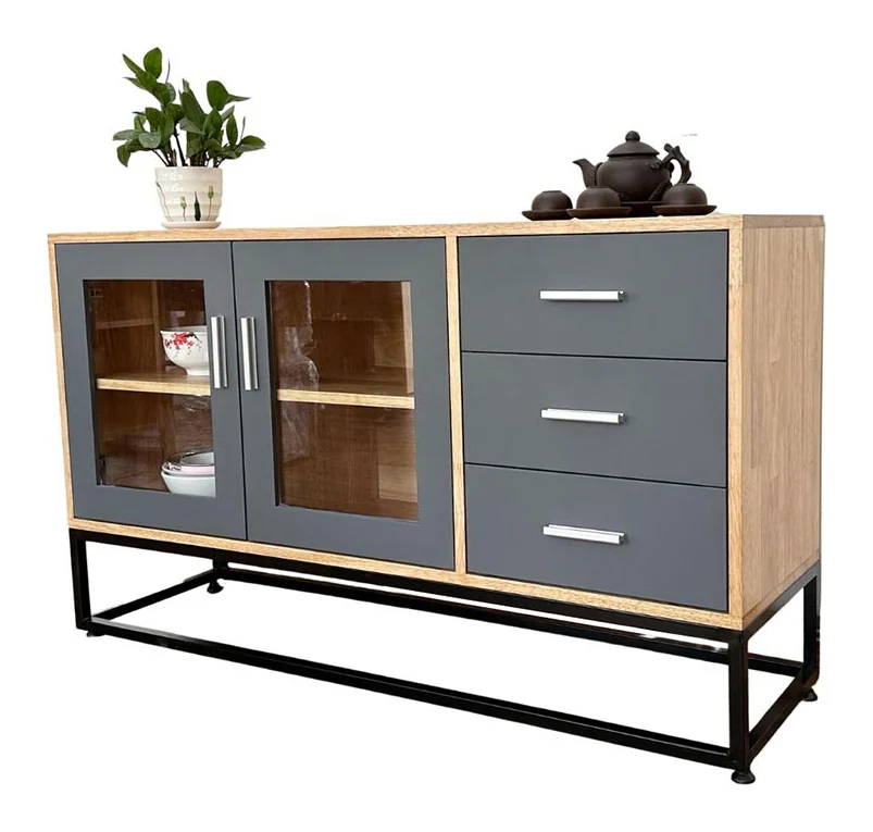 Tekkashop Tủ Trang Trí 2 Cửa Kính 3 Ngăn Kéo Khung Sắt Gỗ Cao Su