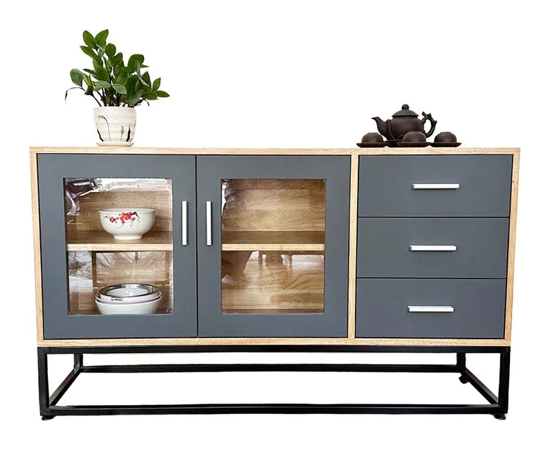 Tekkashop Tủ Trang Trí 2 Cửa Kính 3 Ngăn Kéo Khung Sắt Gỗ Cao Su