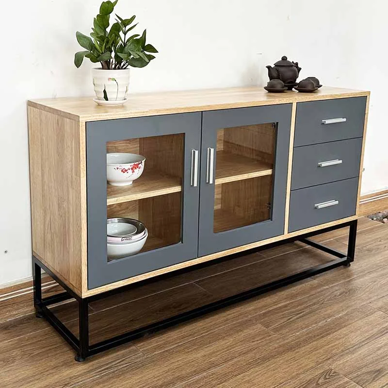 Tekkashop Tủ Trang Trí 2 Cửa Kính 3 Ngăn Kéo Khung Sắt Gỗ Cao Su